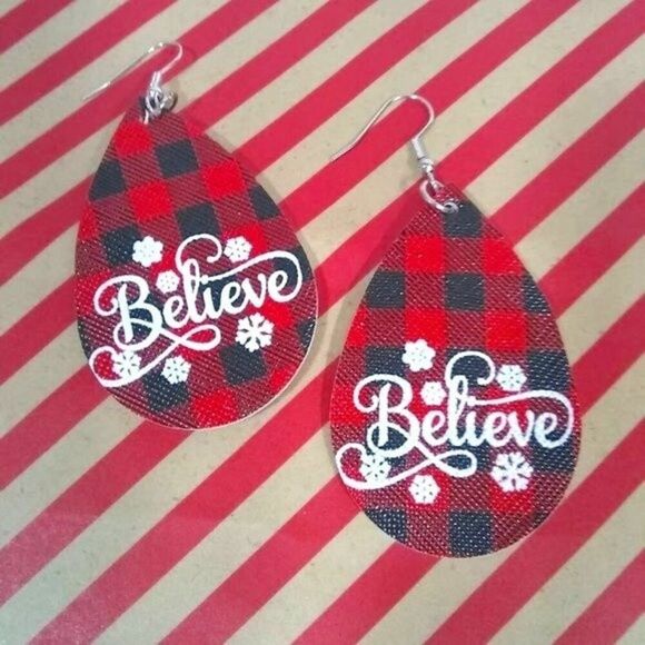Believe Red & Black Buffalo Check Teardrop Earrings - Picture 2 of 4